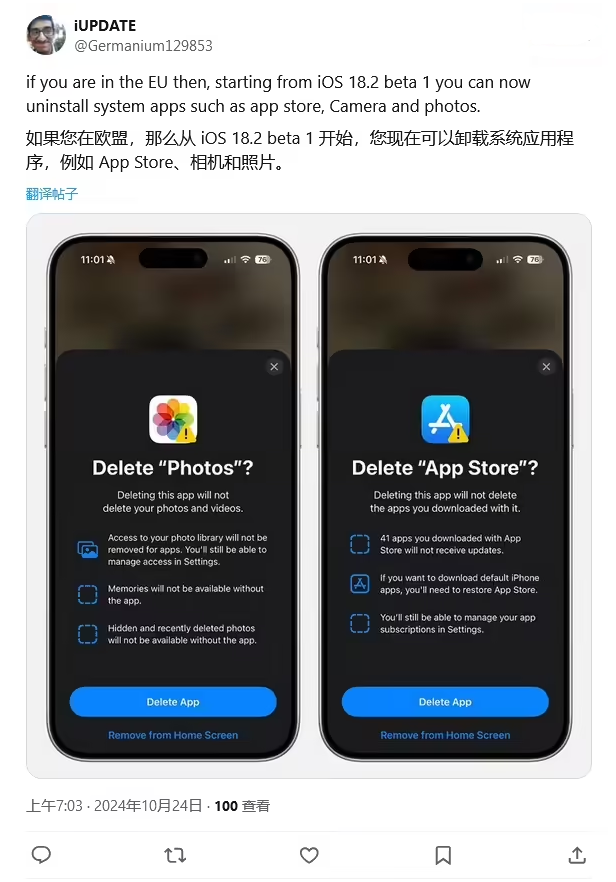 枞阳苹果手机维修分享iOS 18.2 支持删除 App Store 应用商店 