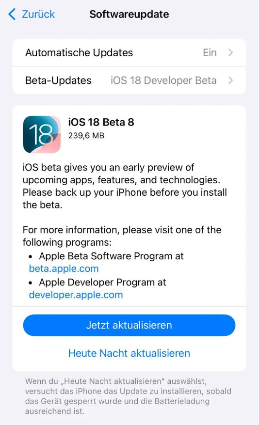 枞阳苹果手机维修分享苹果 iOS / iPadOS 18 开发者预览版 Beta 8 发布 